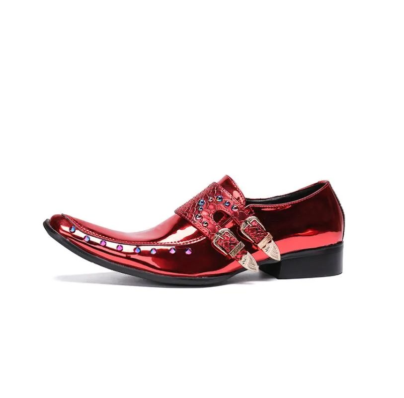 Jinquedai Men Patent Leather Shoes Pointed Toe Business Casual Buckle Loafer Wedding Office Slip On Shoes Meeting Singer Stage Wear