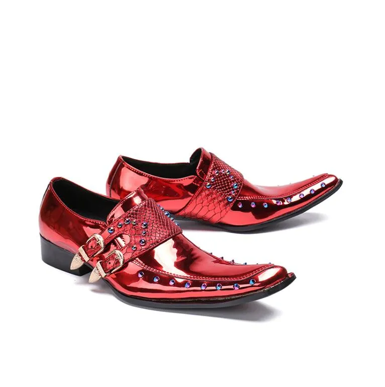 Jinquedai Men Patent Leather Shoes Pointed Toe Business Casual Buckle Loafer Wedding Office Slip On Shoes Meeting Singer Stage Wear
