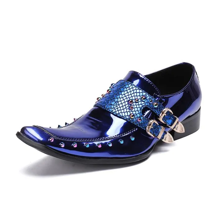 Jinquedai Men Patent Leather Shoes Pointed Toe Business Casual Buckle Loafer Wedding Office Slip On Shoes Meeting Singer Stage Wear