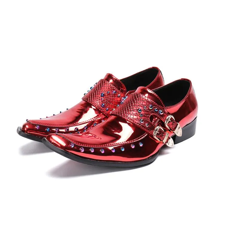 Jinquedai Men Patent Leather Shoes Pointed Toe Business Casual Buckle Loafer Wedding Office Slip On Shoes Meeting Singer Stage Wear
