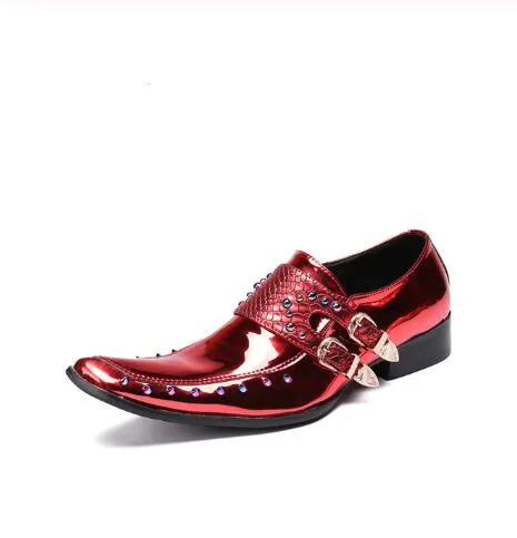 Jinquedai Men Patent Leather Shoes Pointed Toe Business Casual Buckle Loafer Wedding Office Slip On Shoes Meeting Singer Stage Wear