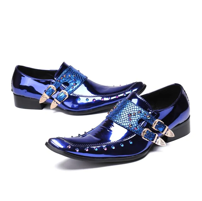 Jinquedai Men Patent Leather Shoes Pointed Toe Business Casual Buckle Loafer Wedding Office Slip On Shoes Meeting Singer Stage Wear