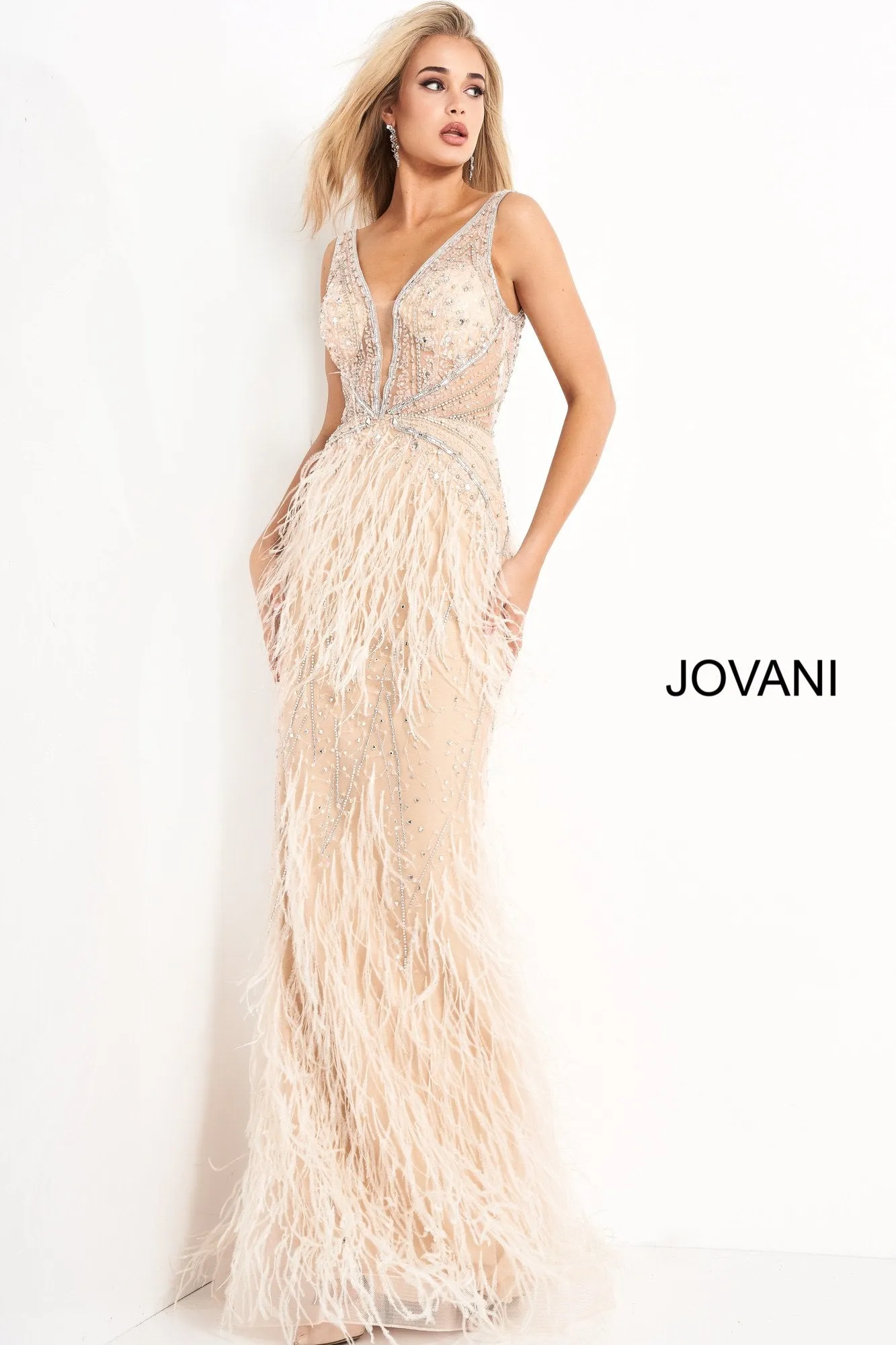 Jovani 03023 Size 8 Lilac Sheer Crystal Prom Dress Feather Formal Evening Gown Wedding Pageant Couture