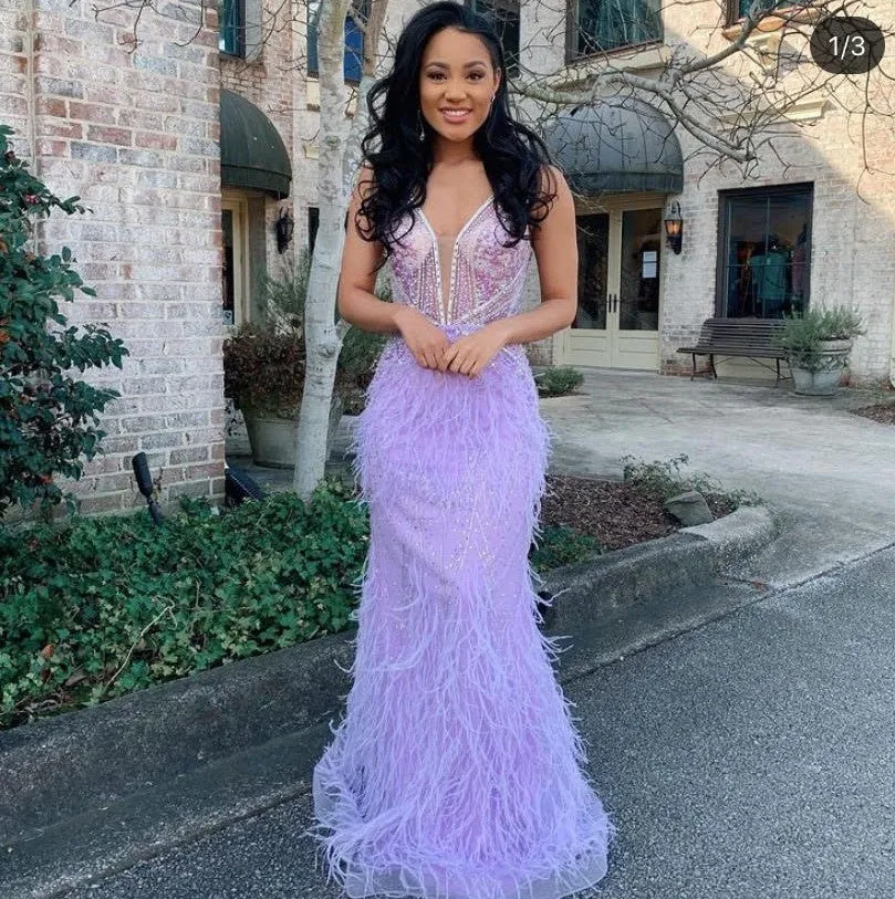 Jovani 03023 Size 8 Lilac Sheer Crystal Prom Dress Feather Formal Evening Gown Wedding Pageant Couture