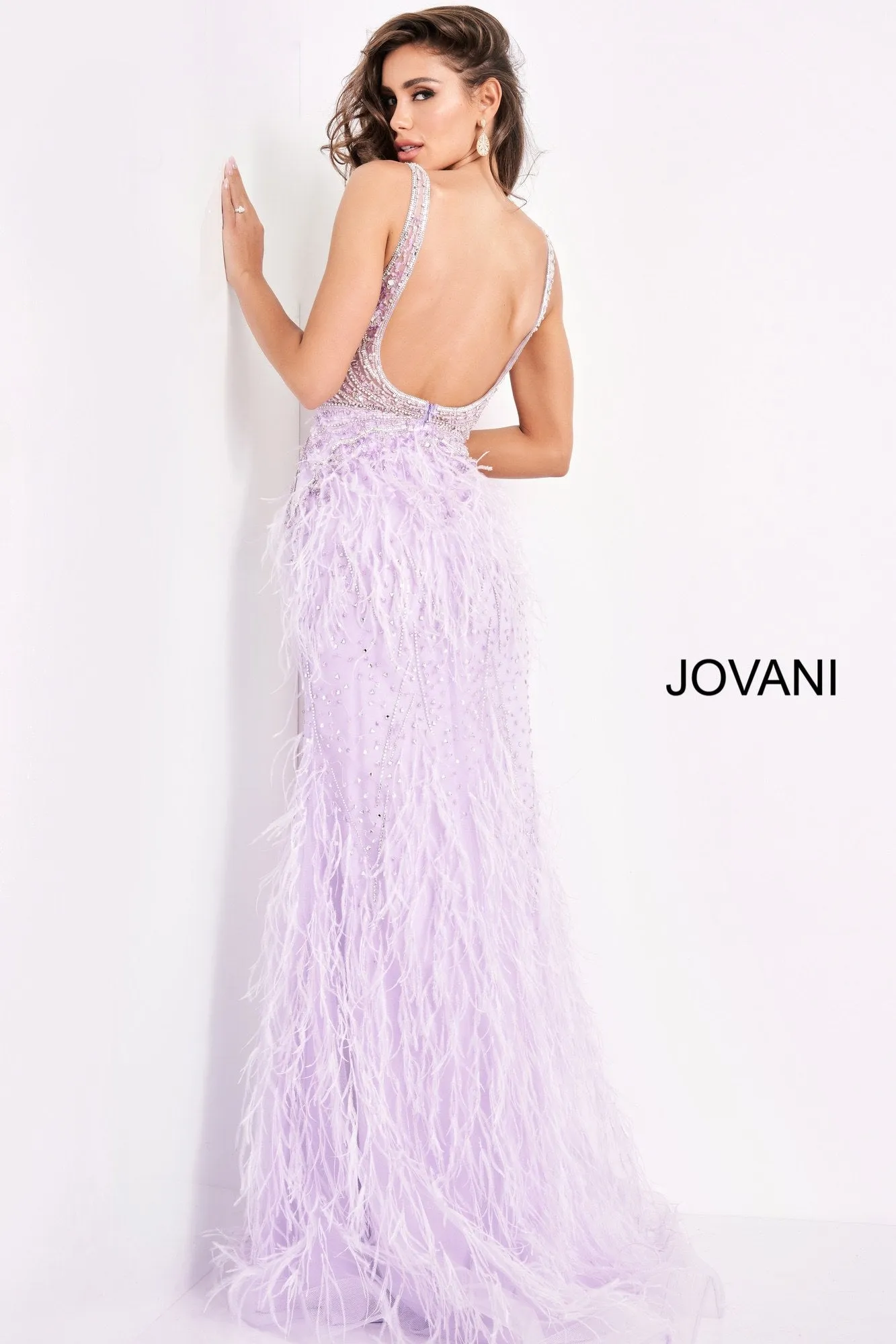 Jovani 03023 Size 8 Lilac Sheer Crystal Prom Dress Feather Formal Evening Gown Wedding Pageant Couture