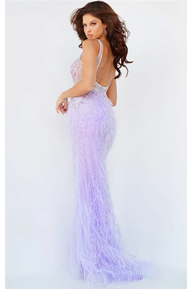 Jovani 03023 Size 8 Lilac Sheer Crystal Prom Dress Feather Formal Evening Gown Wedding Pageant Couture