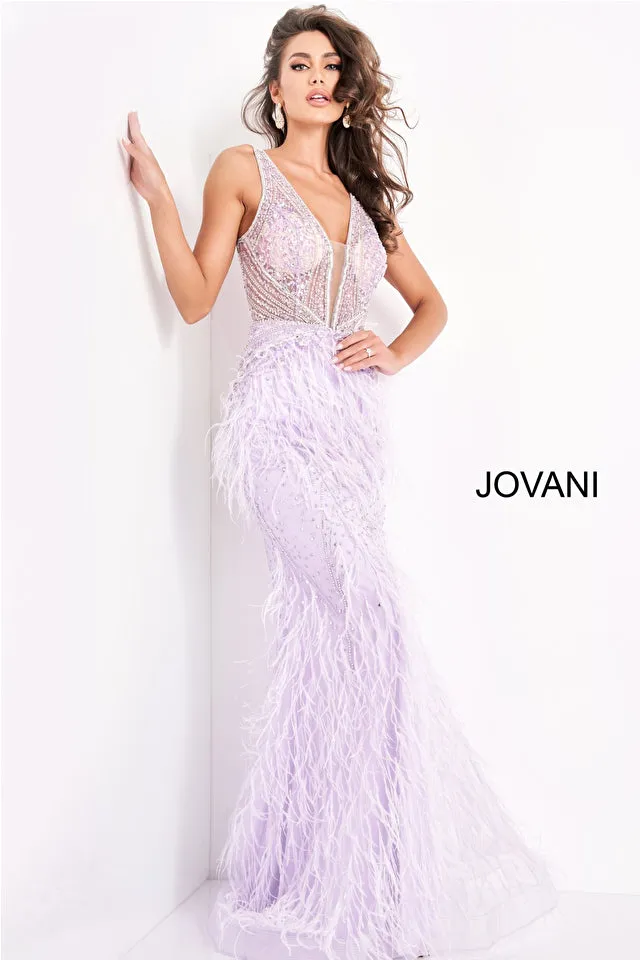 Jovani 03023 Size 8 Lilac Sheer Crystal Prom Dress Feather Formal Evening Gown Wedding Pageant Couture