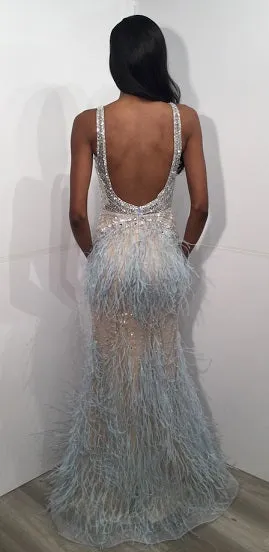 Jovani 03023 Size 8 Lilac Sheer Crystal Prom Dress Feather Formal Evening Gown Wedding Pageant Couture
