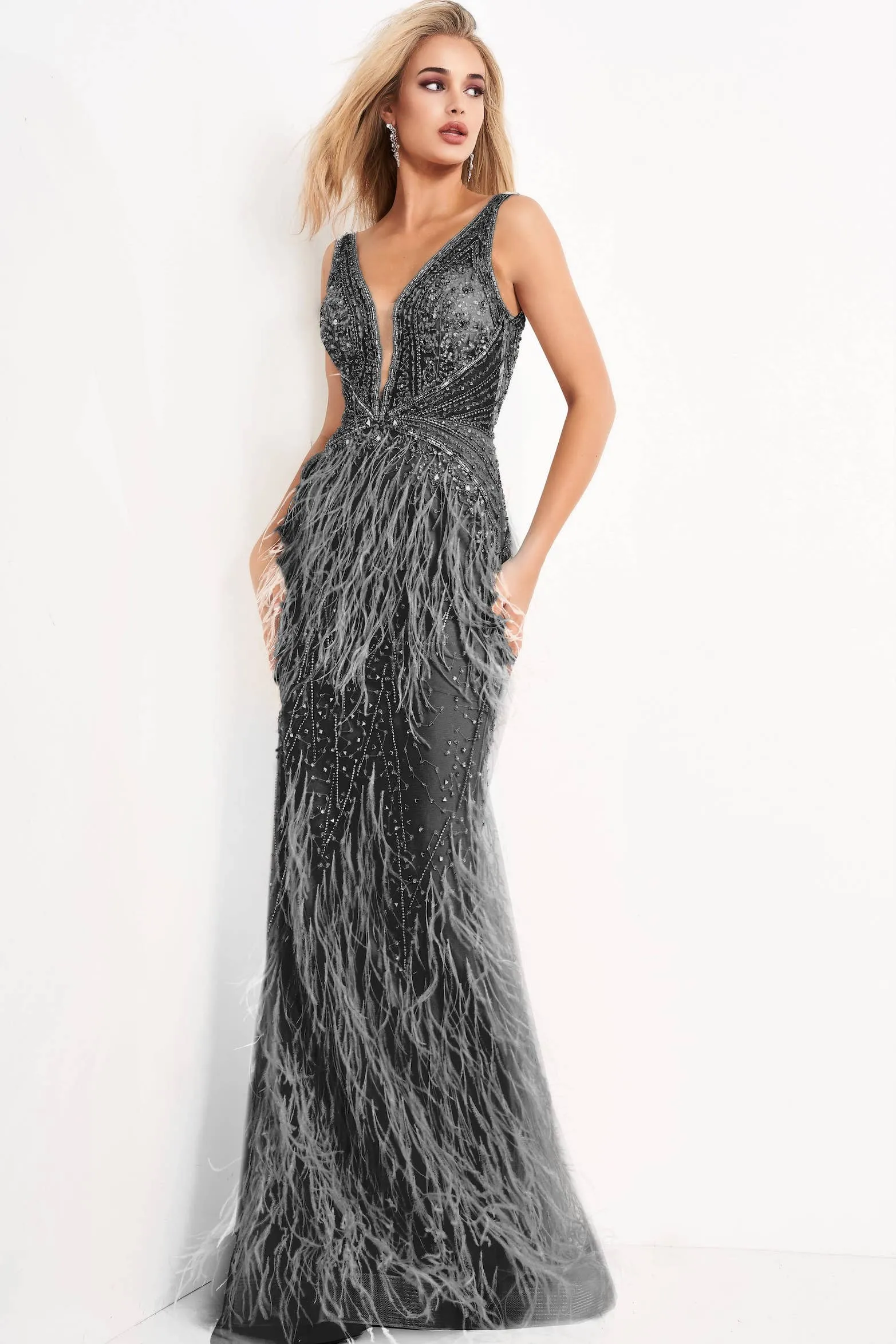 Jovani 03023 Size 8 Lilac Sheer Crystal Prom Dress Feather Formal Evening Gown Wedding Pageant Couture