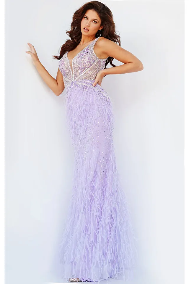 Jovani 03023 Size 8 Lilac Sheer Crystal Prom Dress Feather Formal Evening Gown Wedding Pageant Couture