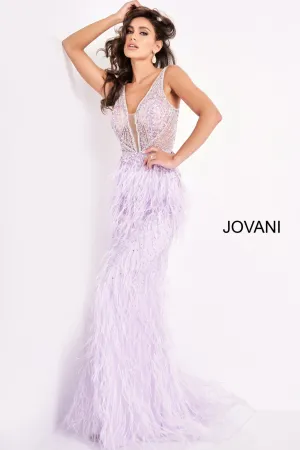 Jovani 03023 Size 8 Lilac Sheer Crystal Prom Dress Feather Formal Evening Gown Wedding Pageant Couture