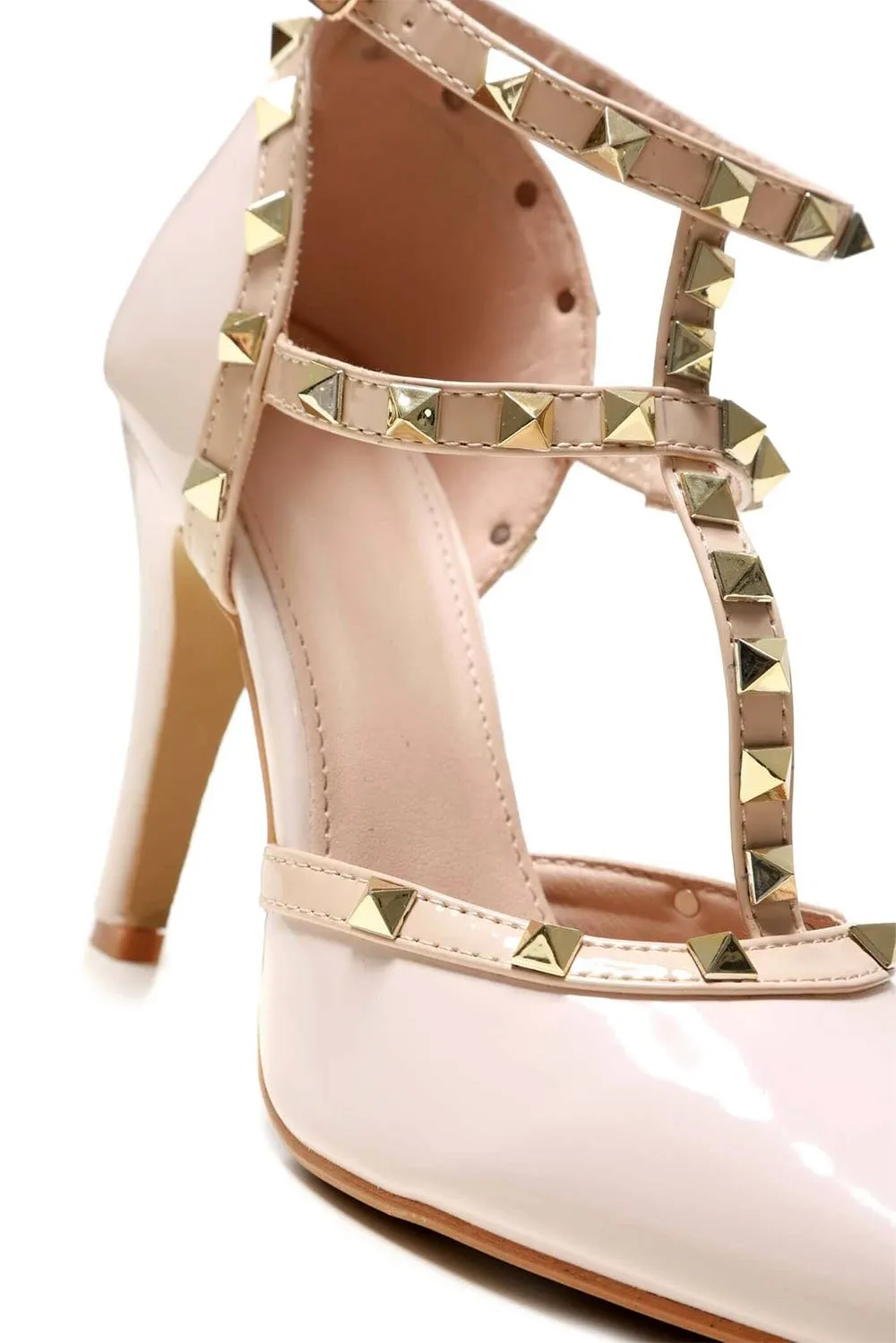 Kloss Mid Heel Studded Slingback Court Shoe in Nude Patent