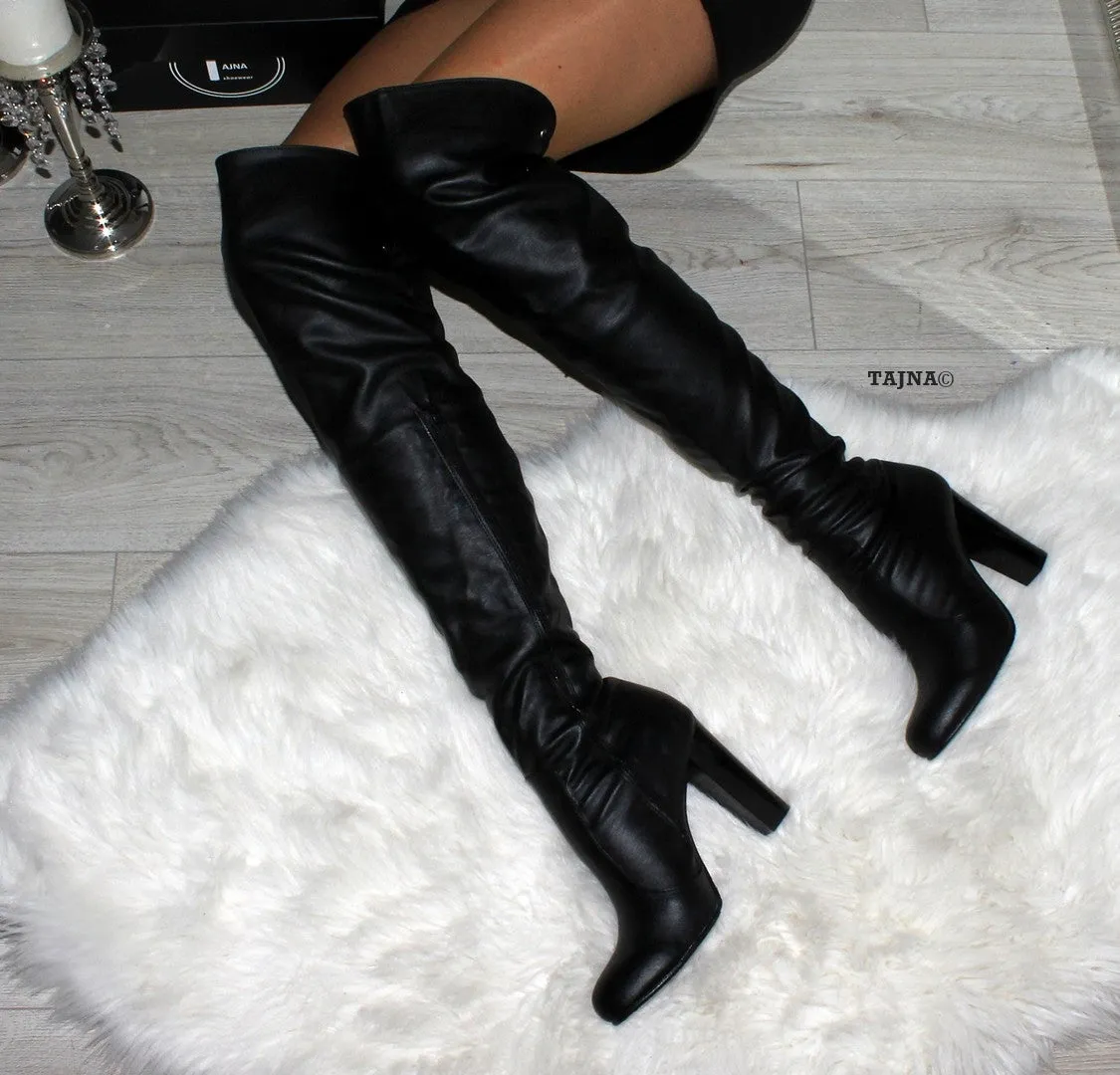 Knee High Black Leather Chunky Heel Boots