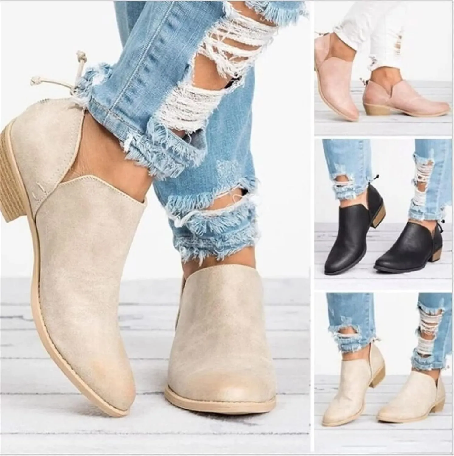 Lausiuoe Boots For Women Ankle Booties Low Heel Platform Chunky Block Casual Dressy Wide Width Slip on V Cutout Booties