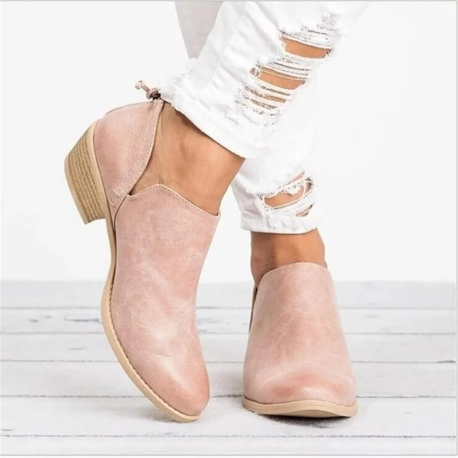 Lausiuoe Boots For Women Ankle Booties Low Heel Platform Chunky Block Casual Dressy Wide Width Slip on V Cutout Booties