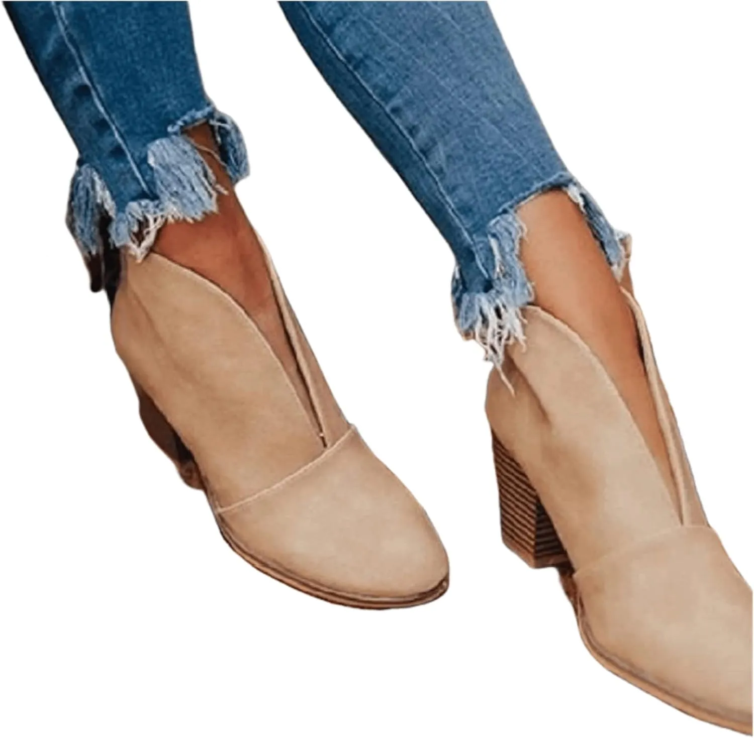 Lausiuoe Boots For Women Ankle Booties Sexy Low Heels Cutout Block Stacked Chunky Heel Casual Dressy Slip on Wide Boots
