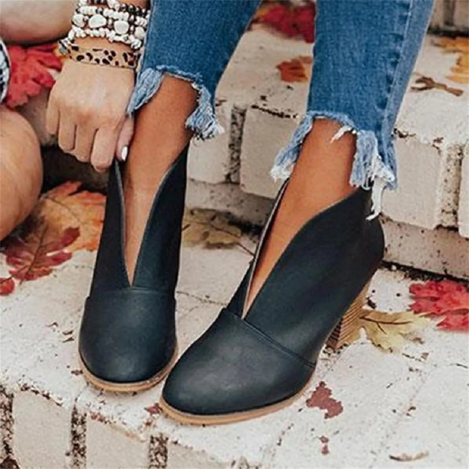 Lausiuoe Boots For Women Ankle Booties Sexy Low Heels Cutout Block Stacked Chunky Heel Casual Dressy Slip on Wide Boots