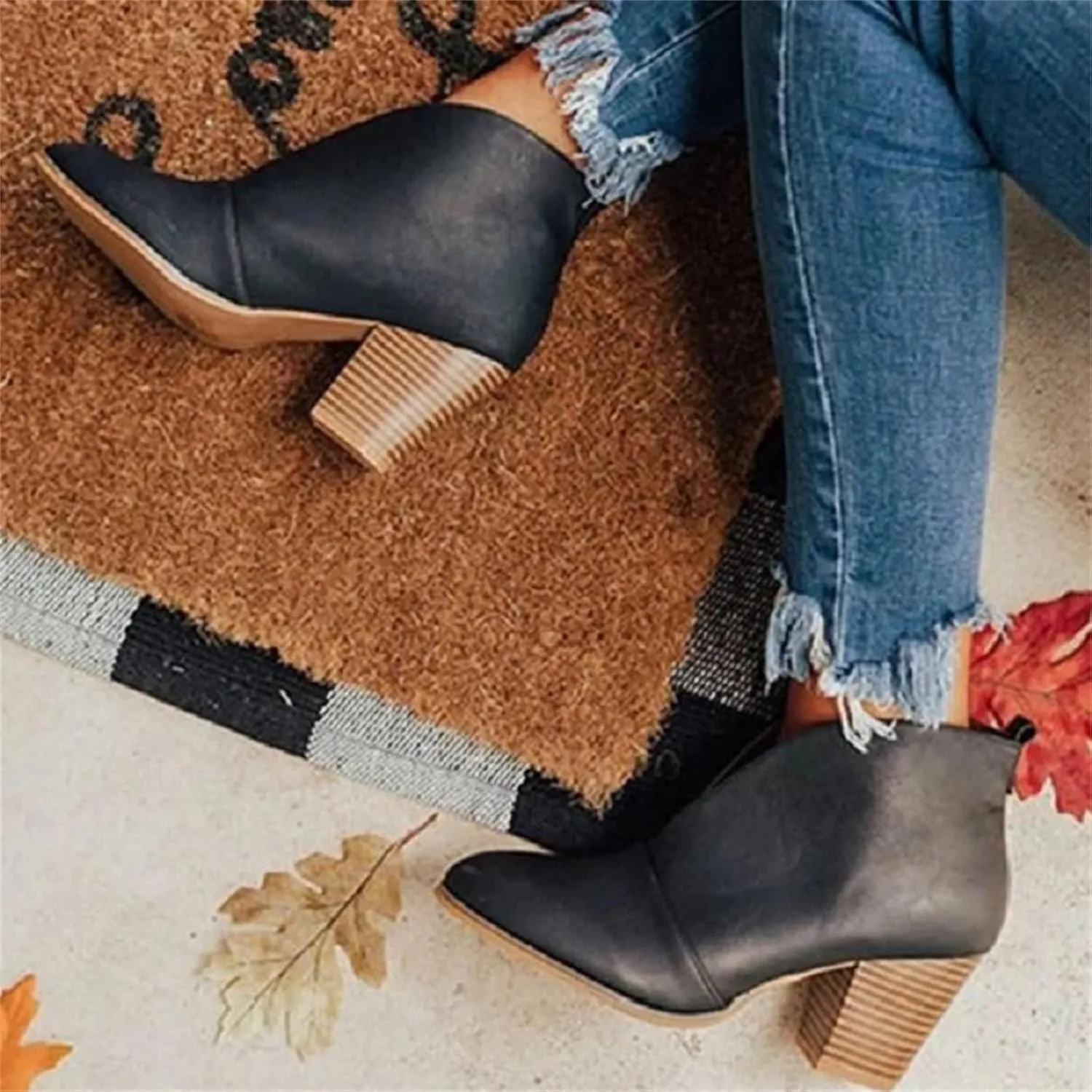 Lausiuoe Boots For Women Ankle Booties Sexy Low Heels Cutout Block Stacked Chunky Heel Casual Dressy Slip on Wide Boots