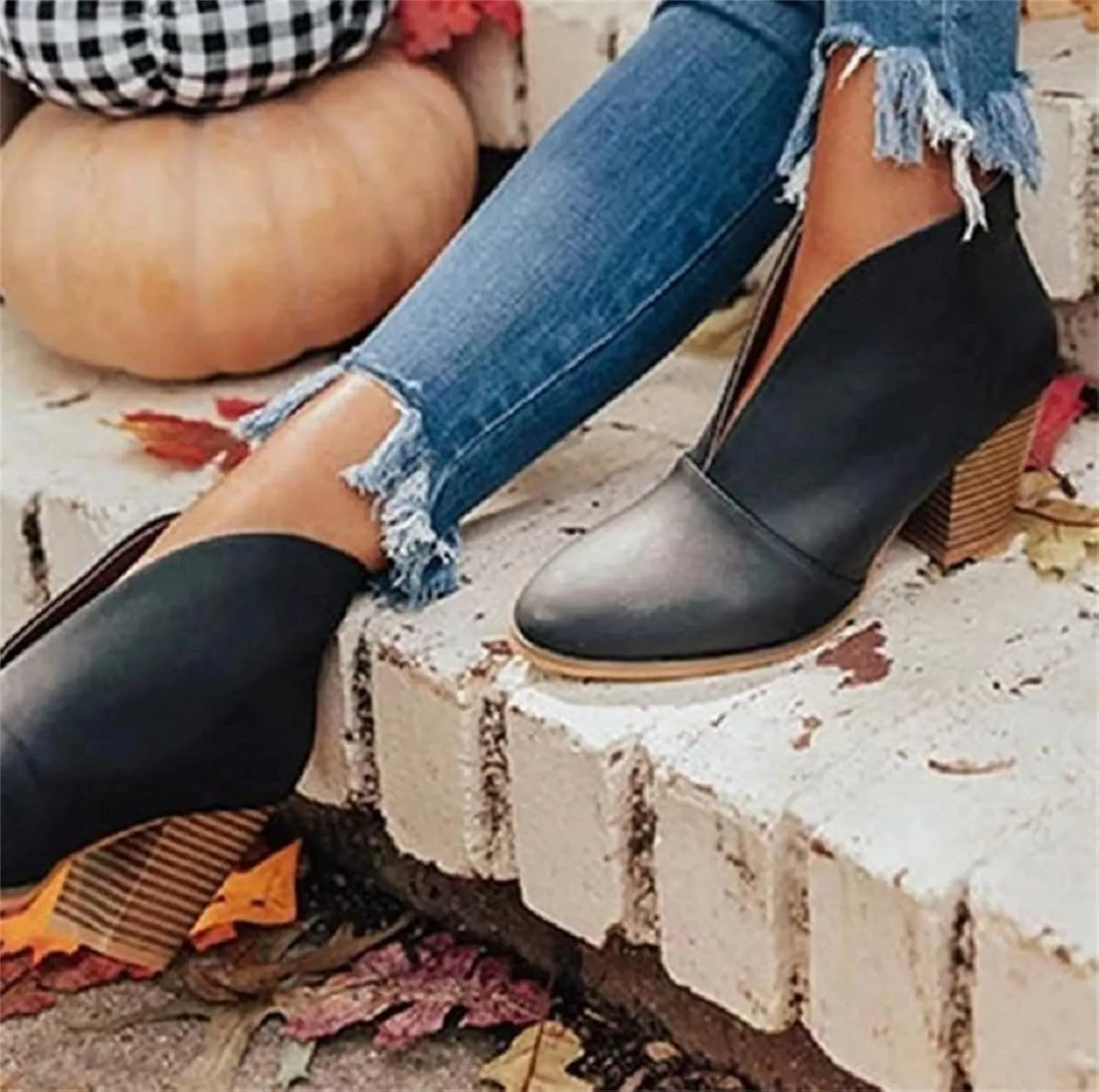 Lausiuoe Boots For Women Ankle Booties Sexy Low Heels Cutout Block Stacked Chunky Heel Casual Dressy Slip on Wide Boots
