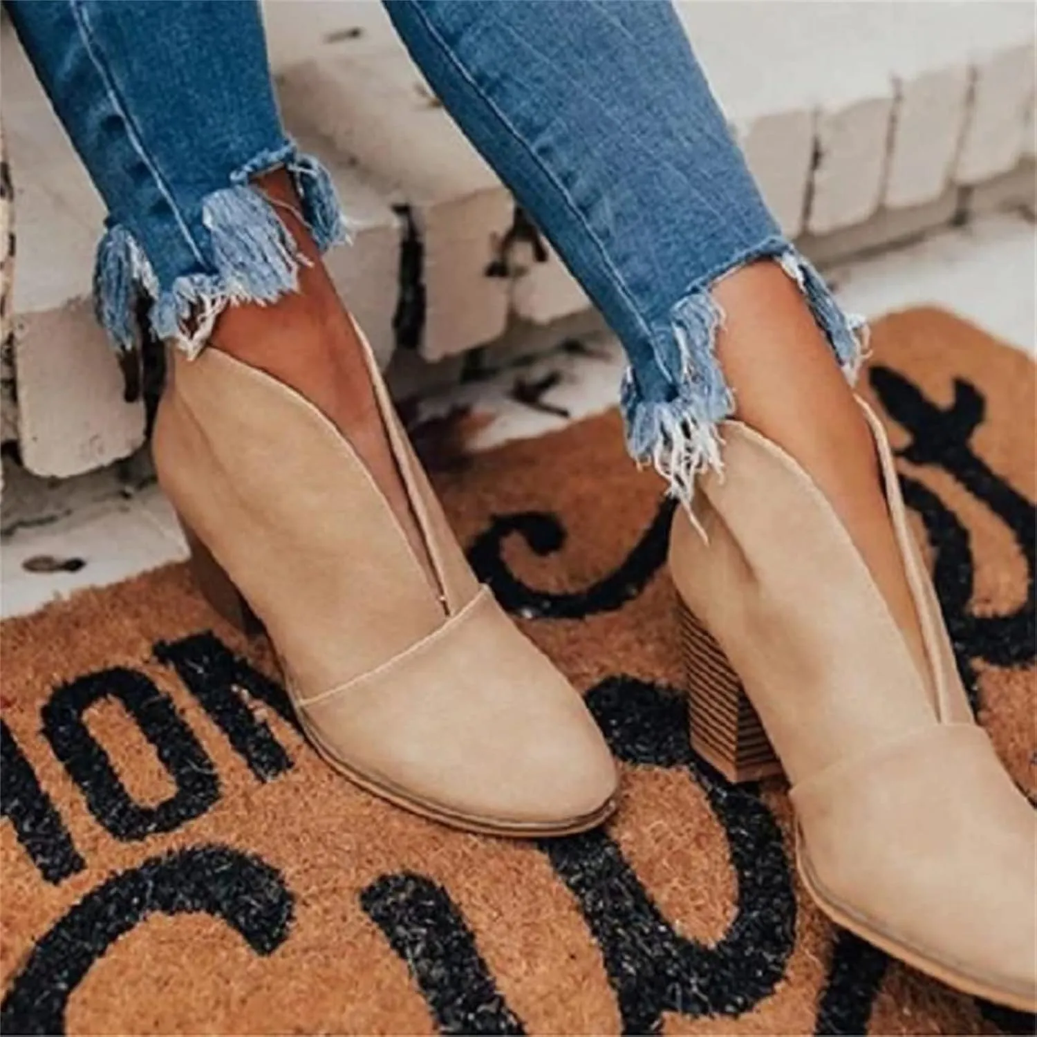Lausiuoe Boots For Women Ankle Booties Sexy Low Heels Cutout Block Stacked Chunky Heel Casual Dressy Slip on Wide Boots