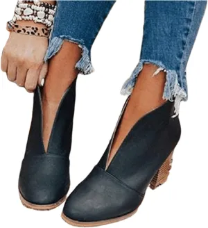 Lausiuoe Boots For Women Ankle Booties Sexy Low Heels Cutout Block Stacked Chunky Heel Casual Dressy Slip on Wide Boots