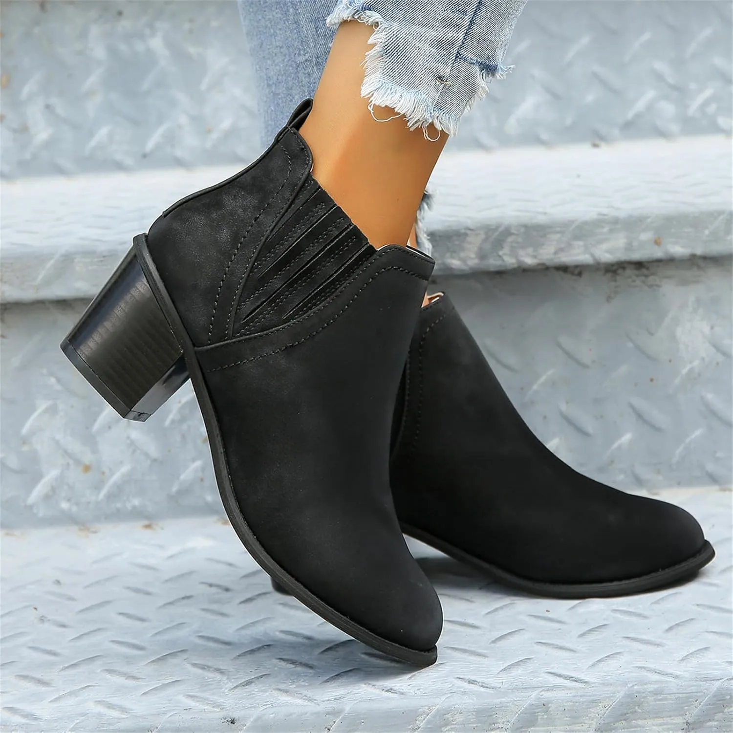 Lausiuoe Boots For Women Ankle Booties Wide Width Chunky Stacked Mid Heels Dressy Cowgirl Cowboy Western Short Booties