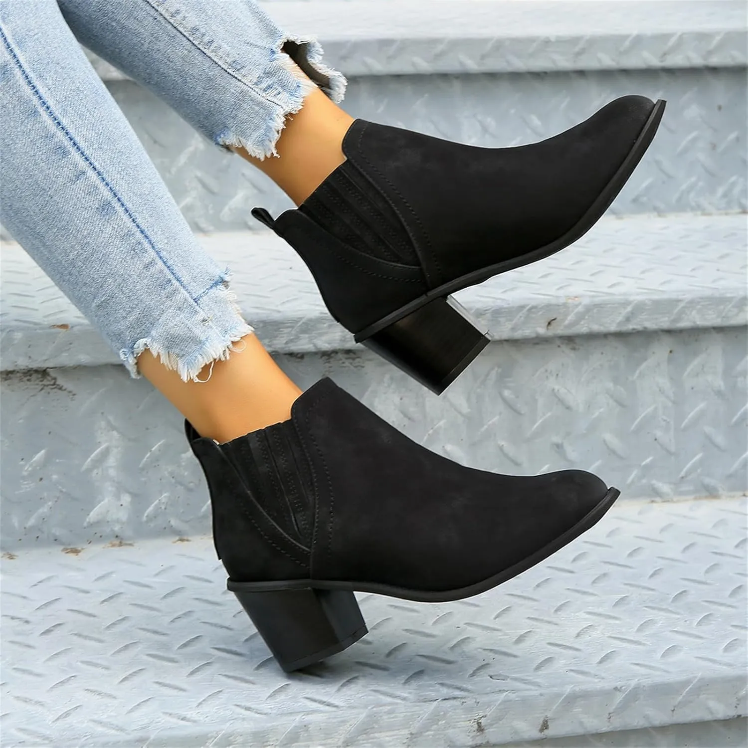 Lausiuoe Boots For Women Ankle Booties Wide Width Chunky Stacked Mid Heels Dressy Cowgirl Cowboy Western Short Booties