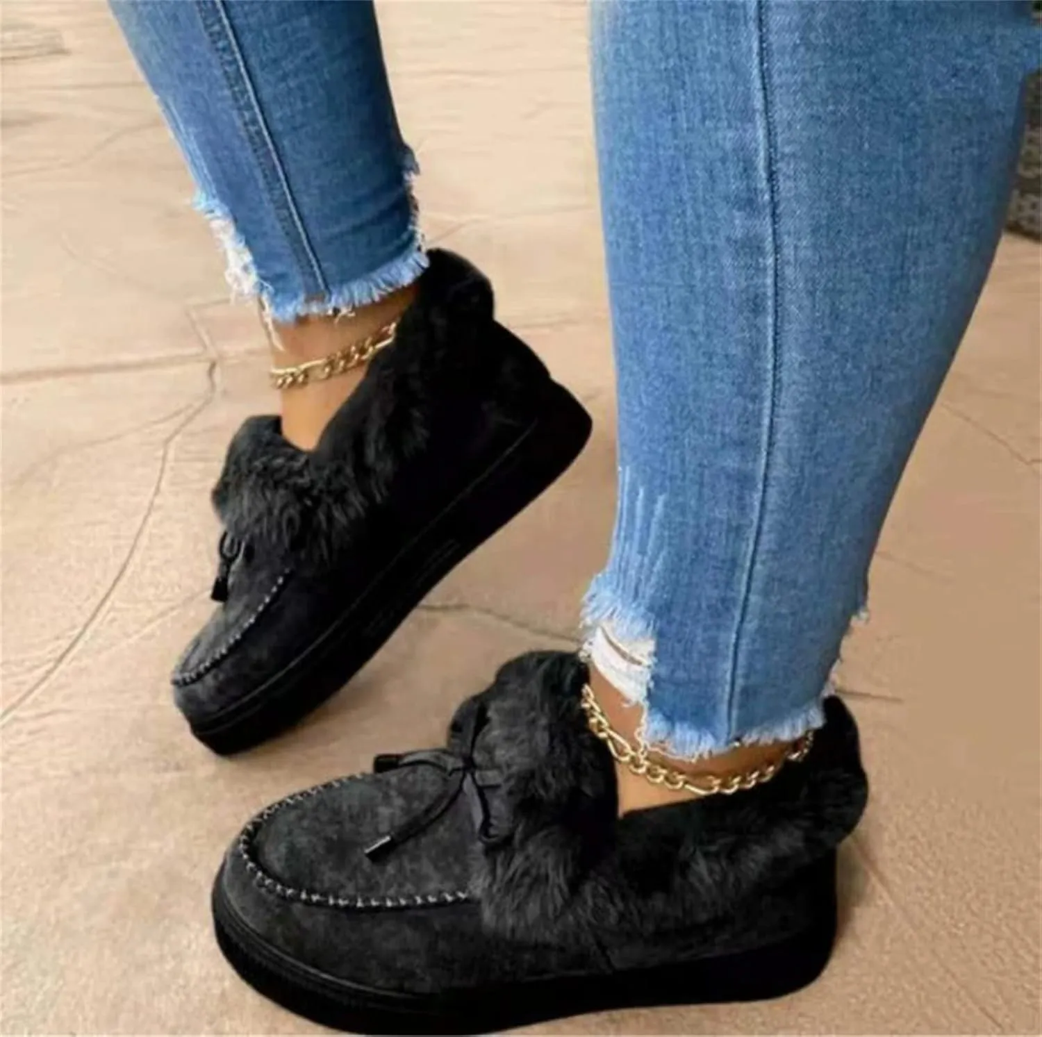 Lausiuoe Womens Winter Boots With Fur Lined Ankle Boots Slip On Snow Fuzzy Booties Fashion Casual Walking Shoes Loafers