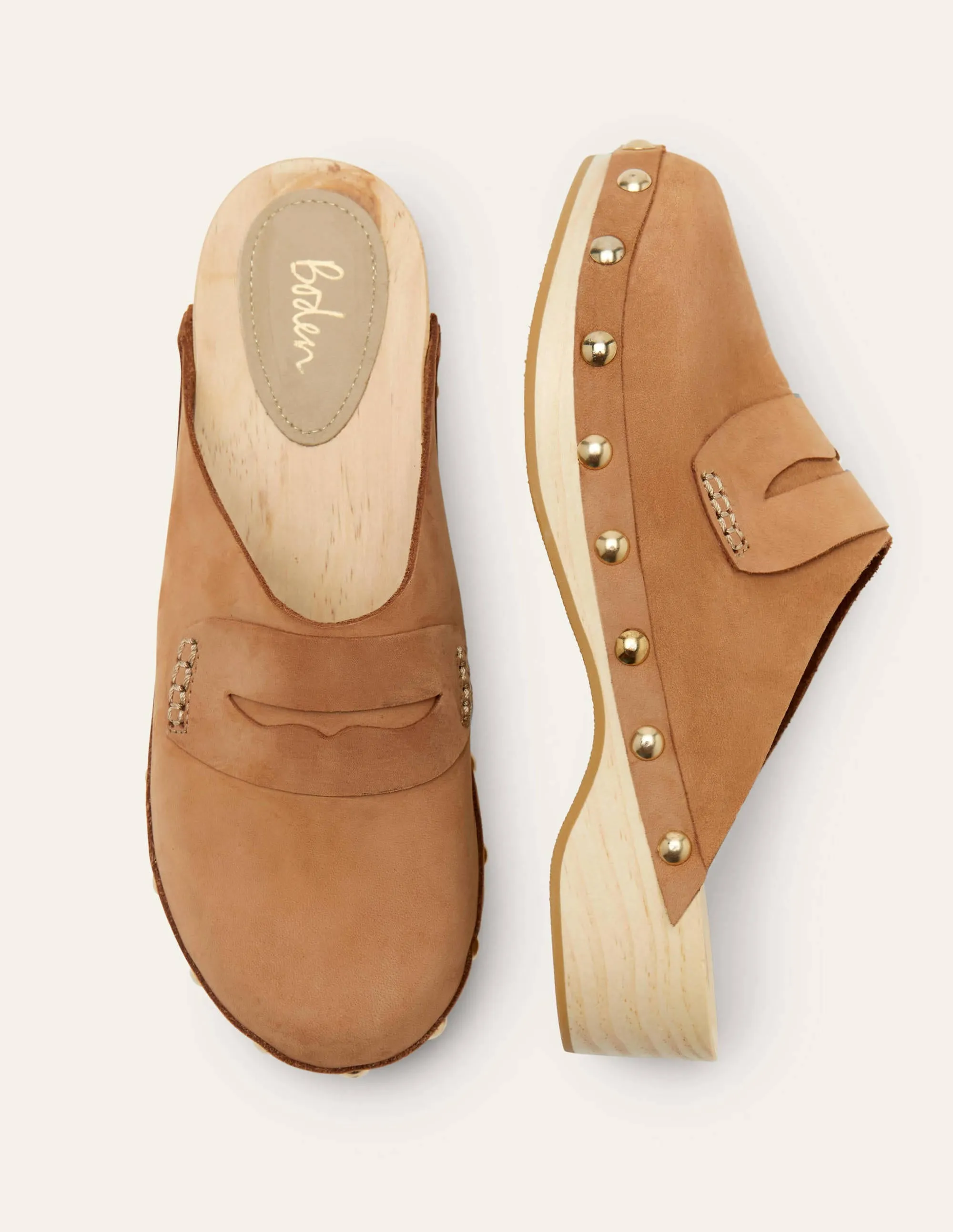 Leather Heeled Clogs-Tan