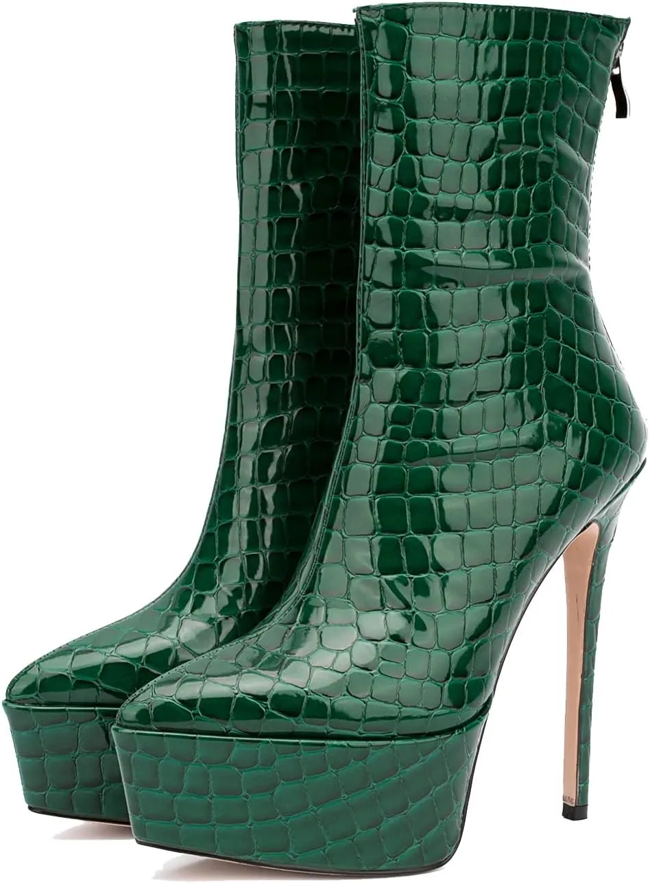 LEHOOR Women Platform Ankle Boots High Heels Pointed Closed Toe Zip Up Crocodile Boots 6 Inch Stiletto Heels Snakeskin Chelsea Booties Zipper Patent Leather Combat Boots Dressy Sexy Elegant 4-11 M US