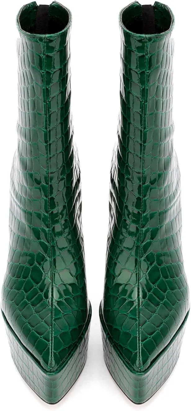 LEHOOR Women Platform Ankle Boots High Heels Pointed Closed Toe Zip Up Crocodile Boots 6 Inch Stiletto Heels Snakeskin Chelsea Booties Zipper Patent Leather Combat Boots Dressy Sexy Elegant 4-11 M US