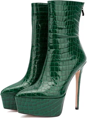 LEHOOR Women Platform Ankle Boots High Heels Pointed Closed Toe Zip Up Crocodile Boots 6 Inch Stiletto Heels Snakeskin Chelsea Booties Zipper Patent Leather Combat Boots Dressy Sexy Elegant 4-11 M US