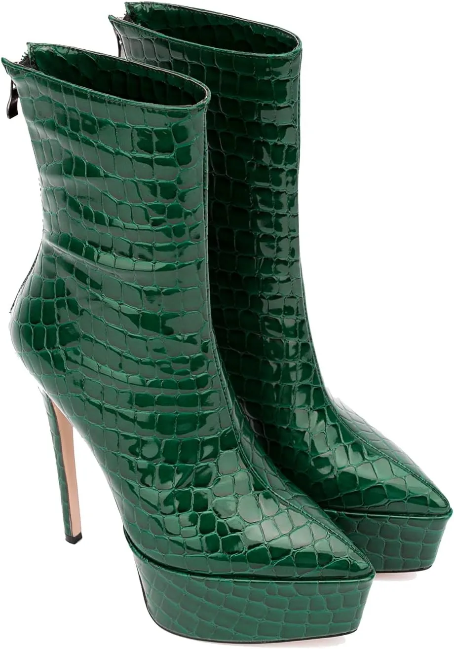 LEHOOR Women Platform Ankle Boots High Heels Pointed Closed Toe Zip Up Crocodile Boots 6 Inch Stiletto Heels Snakeskin Chelsea Booties Zipper Patent Leather Combat Boots Dressy Sexy Elegant 4-11 M US