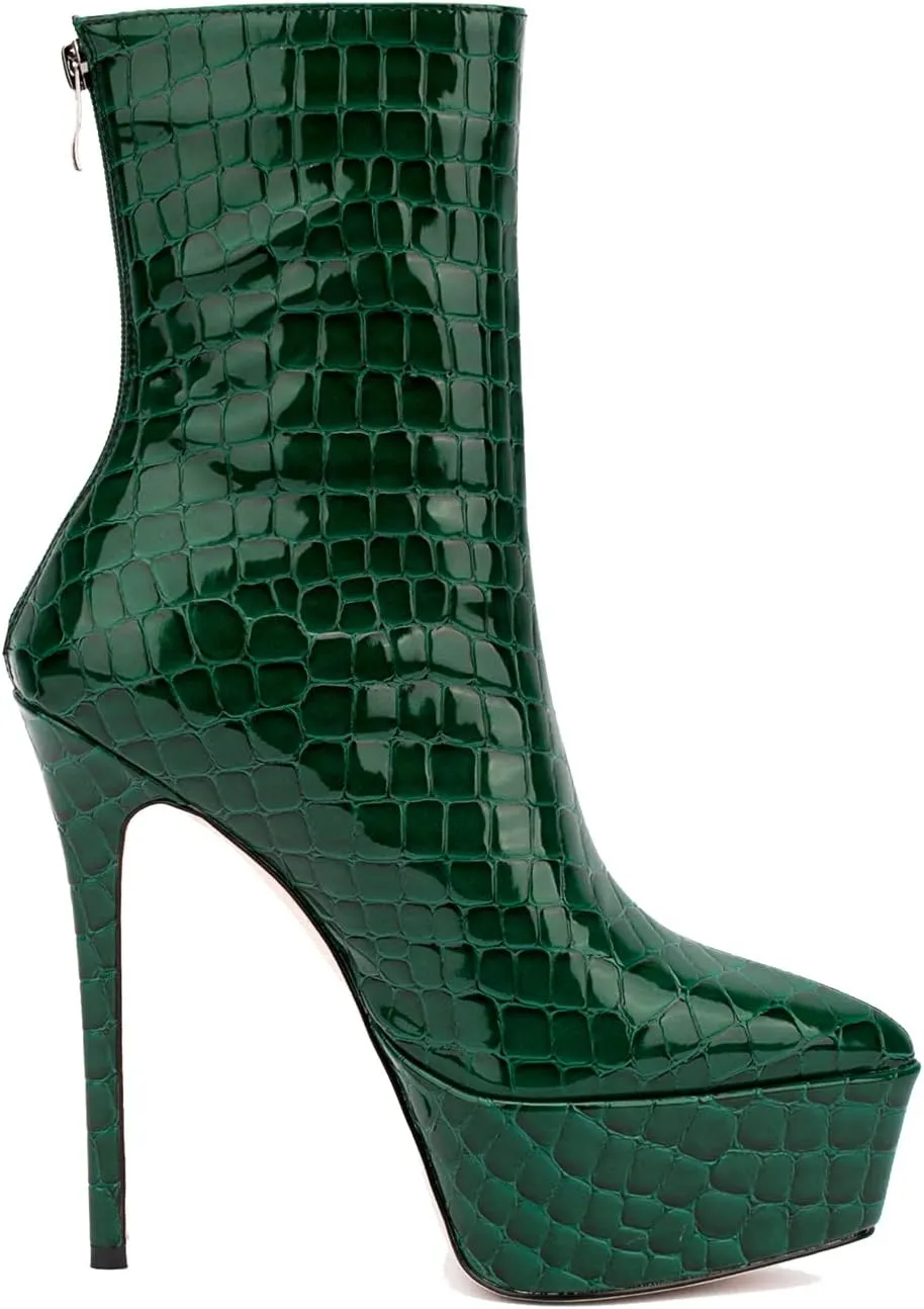LEHOOR Women Platform Ankle Boots High Heels Pointed Closed Toe Zip Up Crocodile Boots 6 Inch Stiletto Heels Snakeskin Chelsea Booties Zipper Patent Leather Combat Boots Dressy Sexy Elegant 4-11 M US