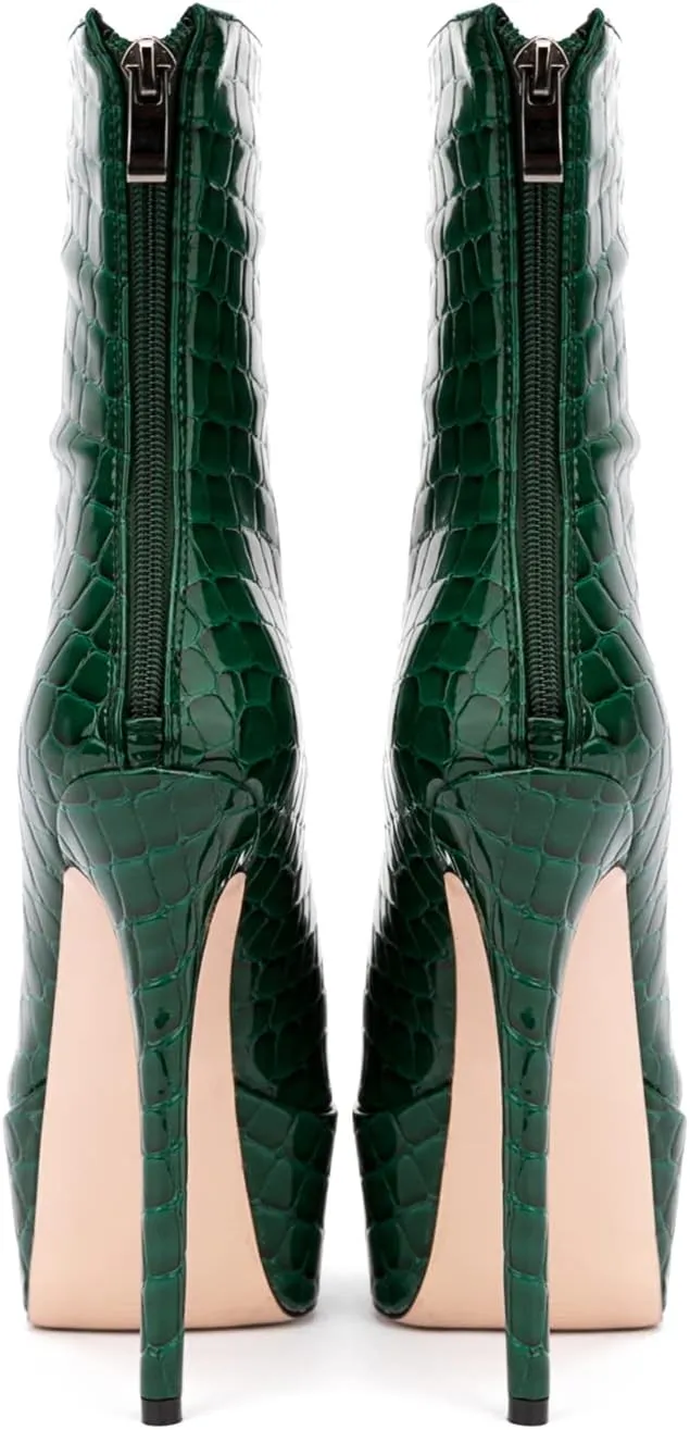 LEHOOR Women Platform Ankle Boots High Heels Pointed Closed Toe Zip Up Crocodile Boots 6 Inch Stiletto Heels Snakeskin Chelsea Booties Zipper Patent Leather Combat Boots Dressy Sexy Elegant 4-11 M US