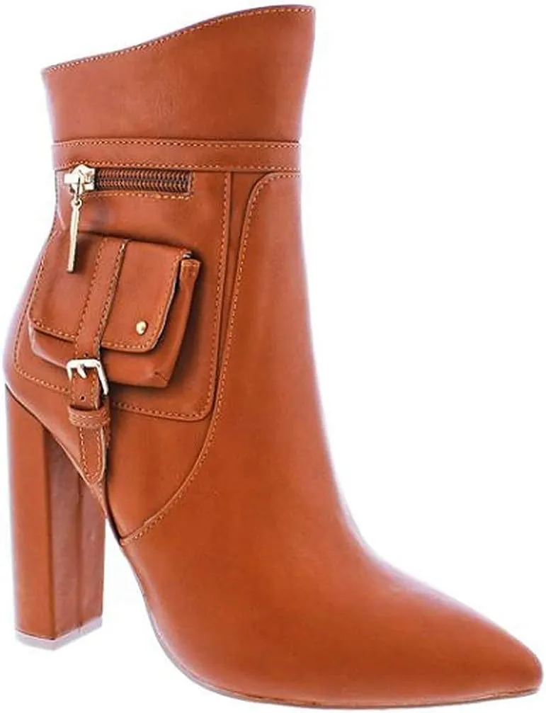 Liliana Womens Pointed Toe Chunky High Heels Ankle Boots Booties Pollina Cognac 7