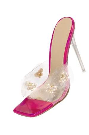 LuxeModa Secret Fuchsia Diamond Butterfly Square Peep Toe Heel Clear Pump Mules