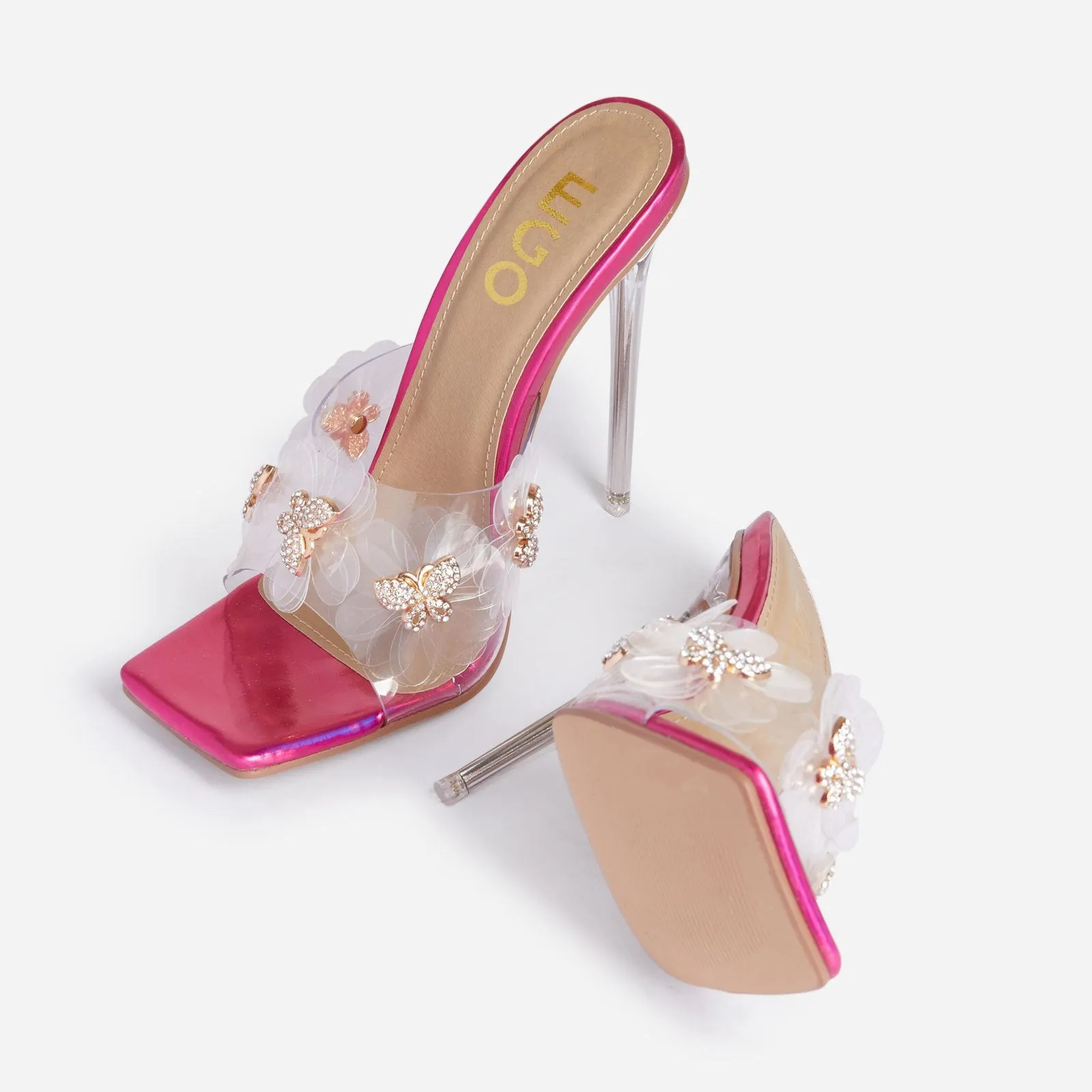 LuxeModa Secret Fuchsia Diamond Butterfly Square Peep Toe Heel Clear Pump Mules
