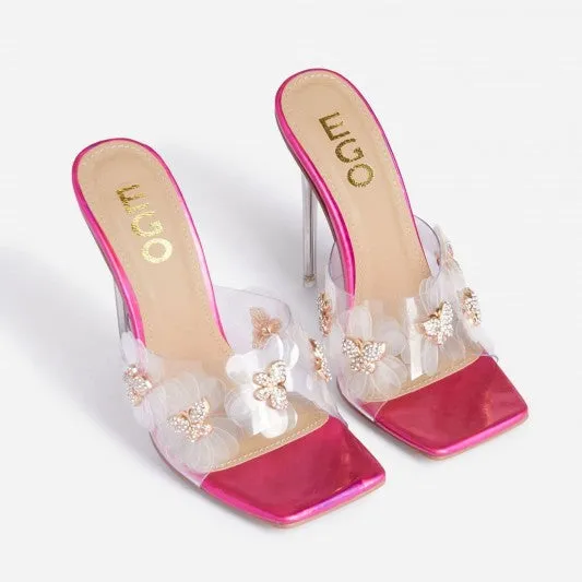 LuxeModa Secret Fuchsia Diamond Butterfly Square Peep Toe Heel Clear Pump Mules