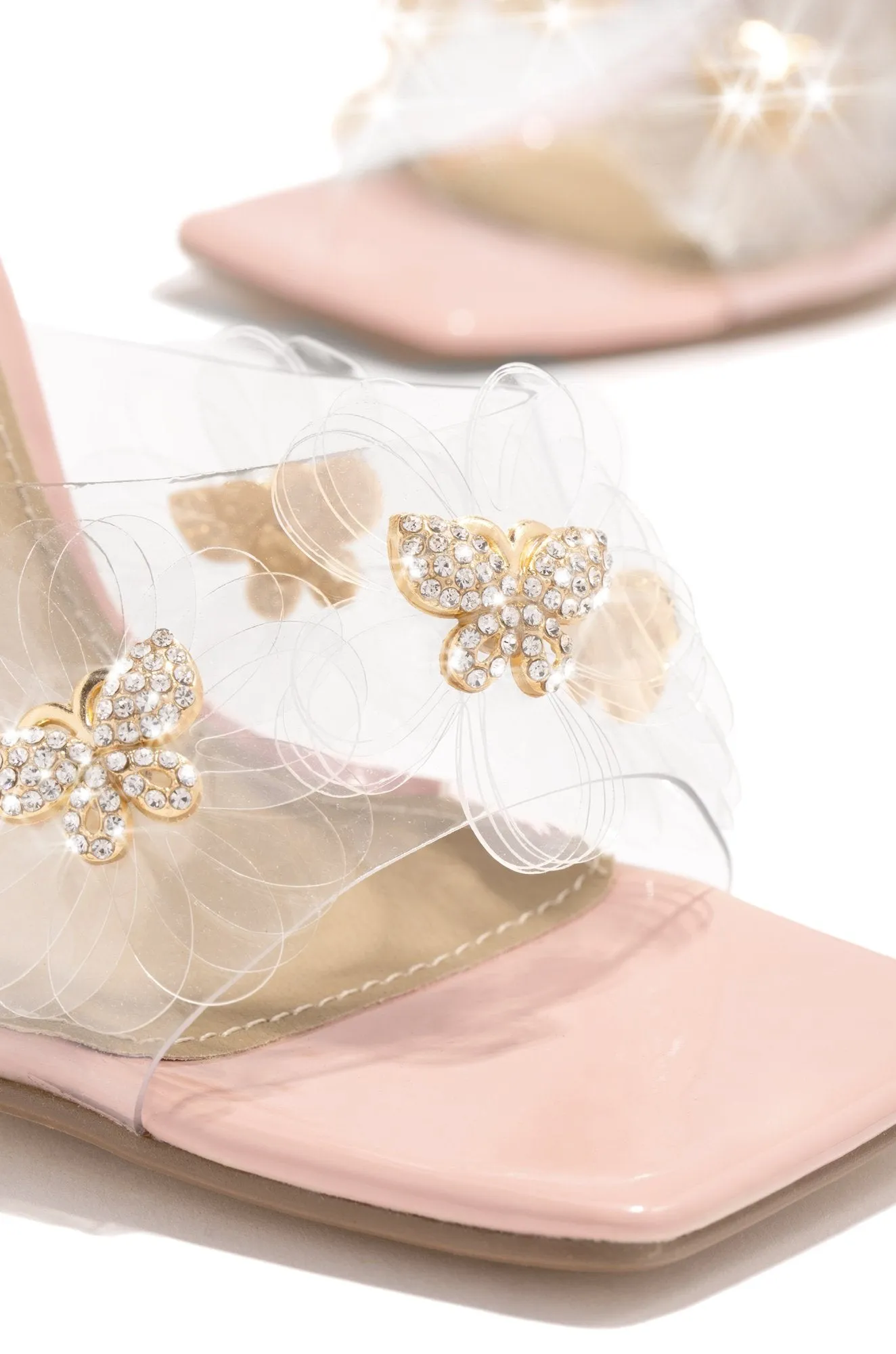 LuxeModa Secret Nude Diamond Butterfly Squared Open Toe Stiletto Heel Pump Mules