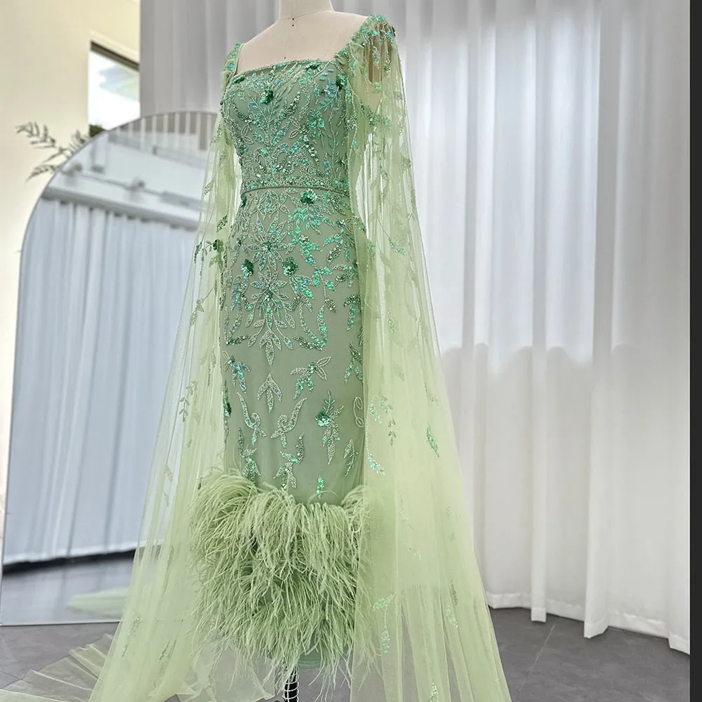 Luxury Feathers Lilac Evening Dress with Cape Sleeves SS381