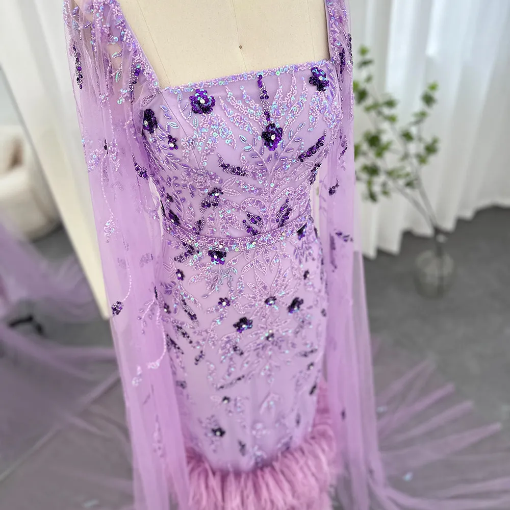 Luxury Feathers Lilac Evening Dress with Cape Sleeves SS381