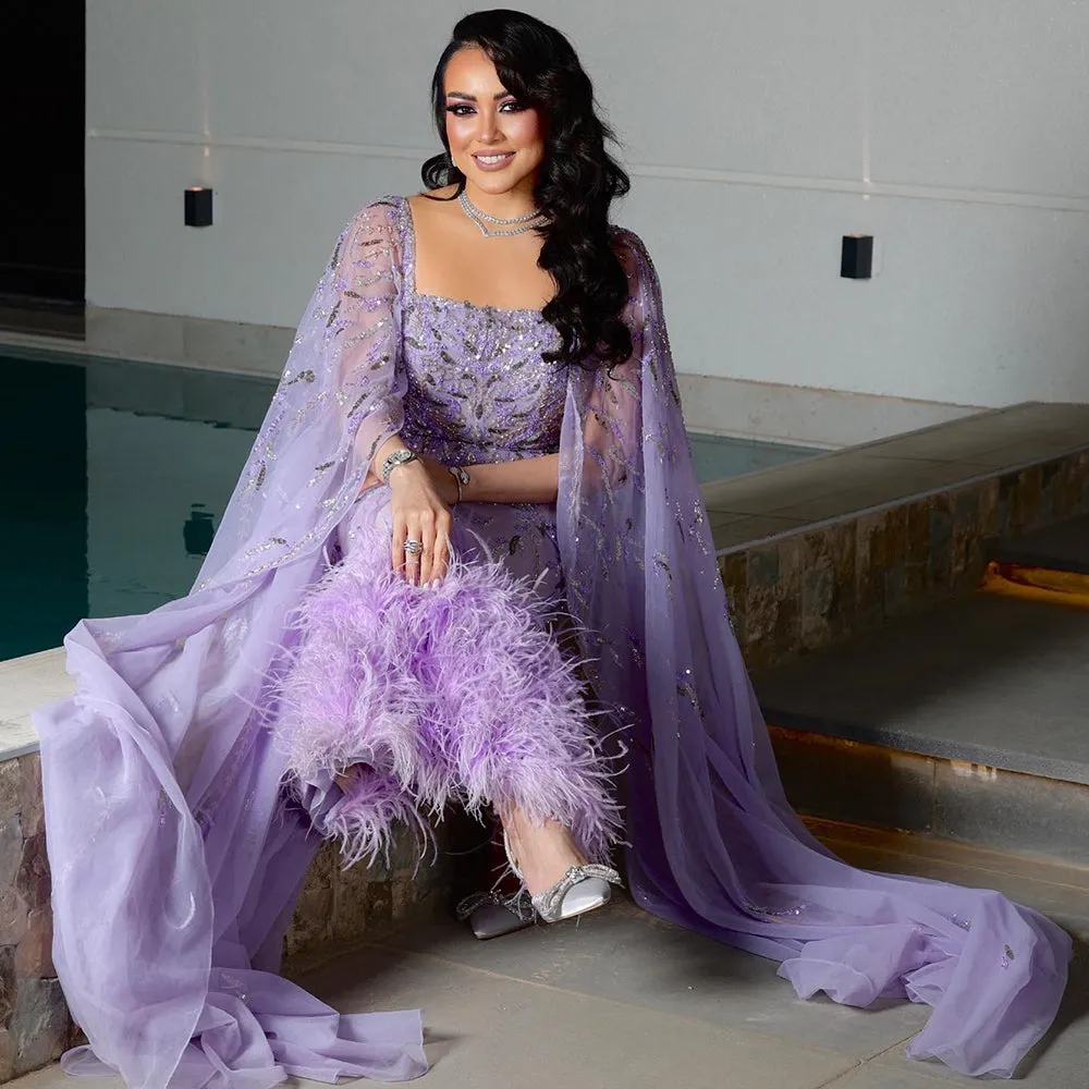 Luxury Feathers Lilac Evening Dress with Cape Sleeves SS381