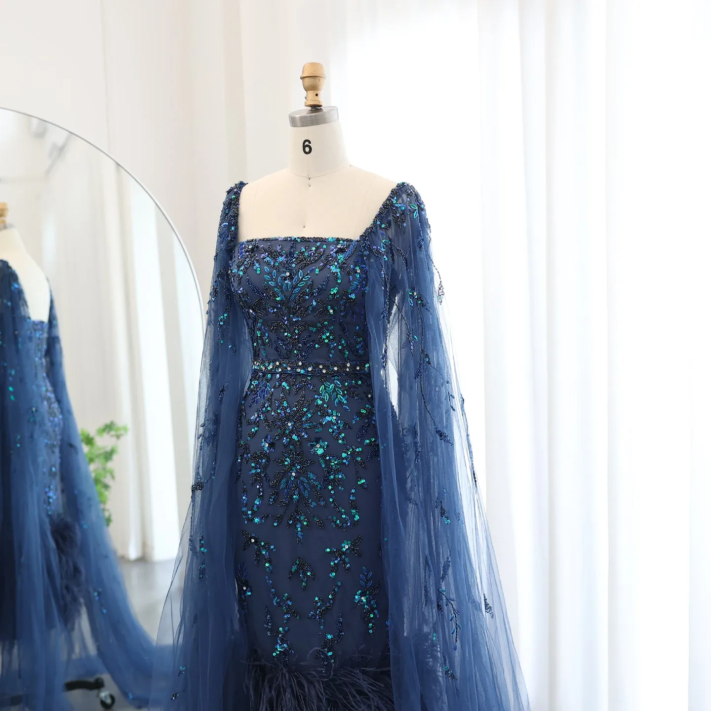 Luxury Feathers Lilac Evening Dress with Cape Sleeves SS381