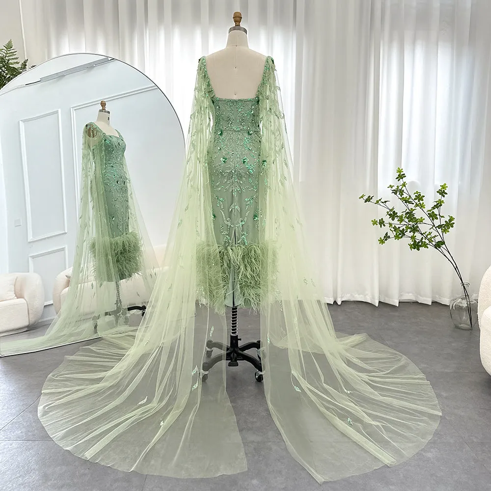 Luxury Feathers Lilac Evening Dress with Cape Sleeves SS381