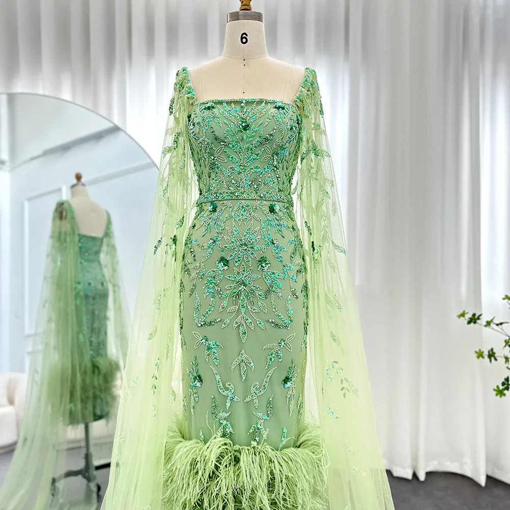 Luxury Feathers Lilac Evening Dress with Cape Sleeves SS381