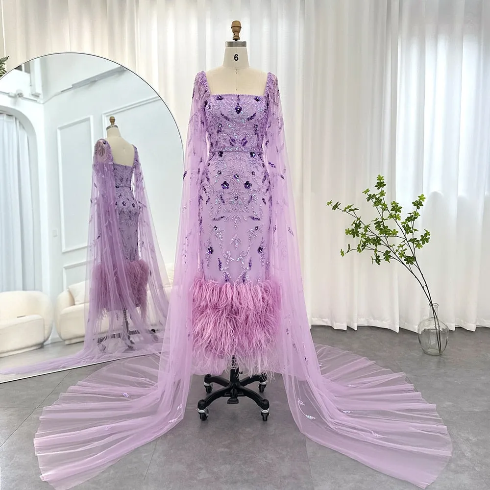 Luxury Feathers Lilac Evening Dress with Cape Sleeves SS381