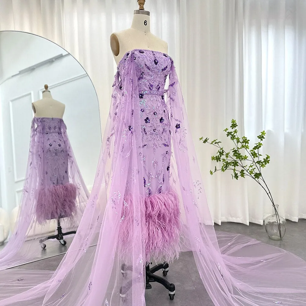 Luxury Feathers Lilac Evening Dress with Cape Sleeves SS381