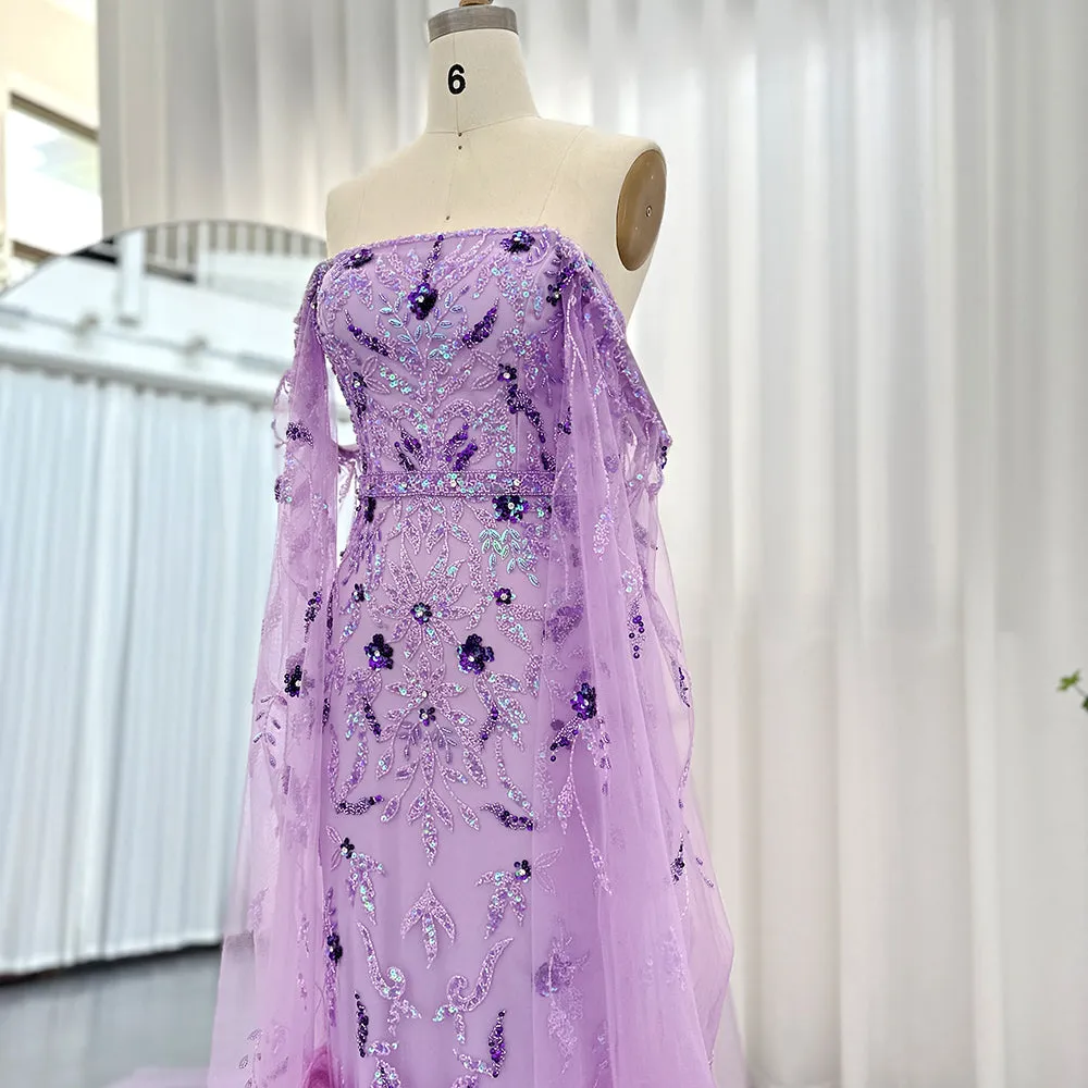 Luxury Feathers Lilac Evening Dress with Cape Sleeves SS381
