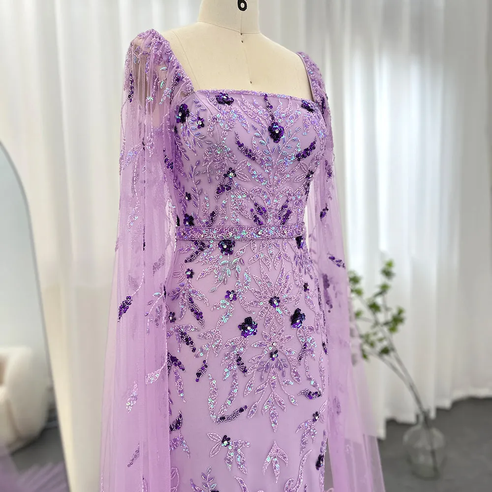 Luxury Feathers Lilac Evening Dress with Cape Sleeves SS381